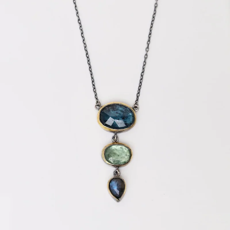 women's necklaces with dual-tone finish -Teal Kyanite, Green Kyanite, & Labradorite Crescent Rim Triple Drop Necklace