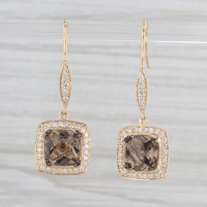 women's earrings with geometric shapes -Le Vian Smokey Quartz Diamond Halo Dangle Earrings 14k Yellow Gold Hook Posts