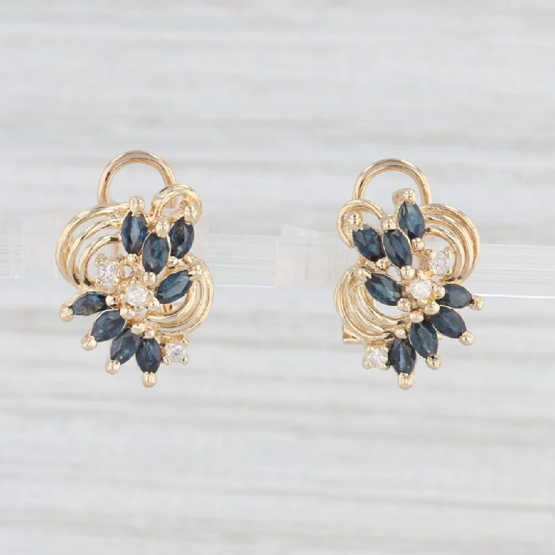 women's earrings with simple stud -1.09ctw Blue Sapphire Diamond Cluster Earrings 14k Yellow Gold Omega Backs