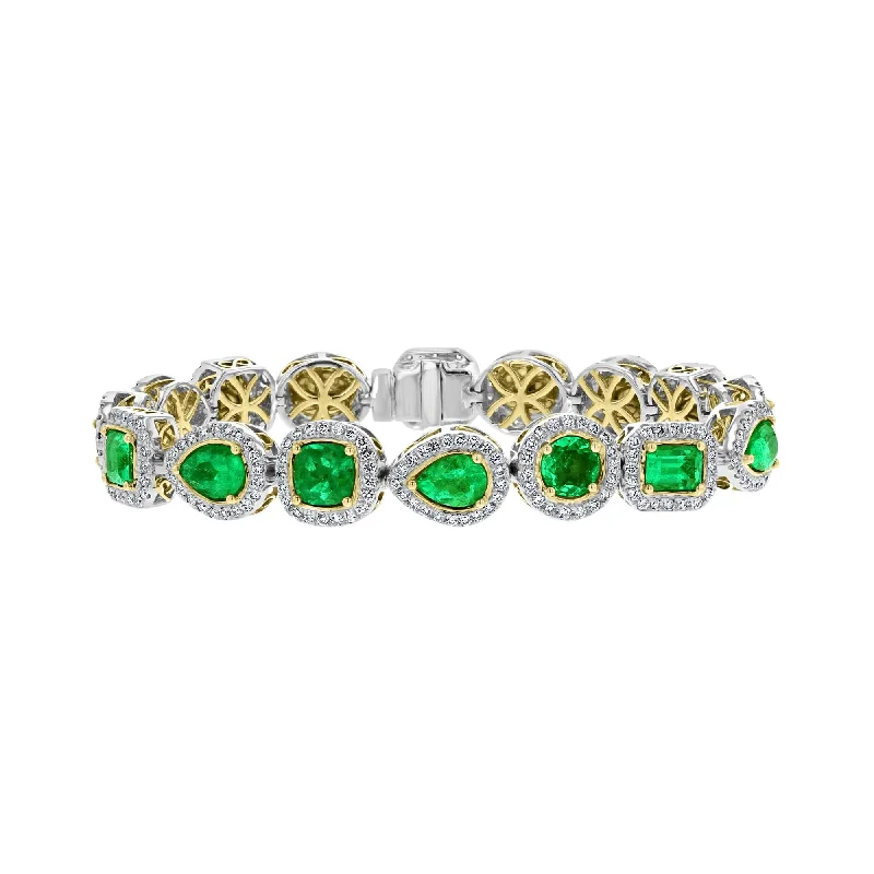 women's bracelets with rectangular stones -18KT TWO-TONE GOLD 9.73 CTW EMERALD & 2.43 CTW DIAMOND HALO BRACELET