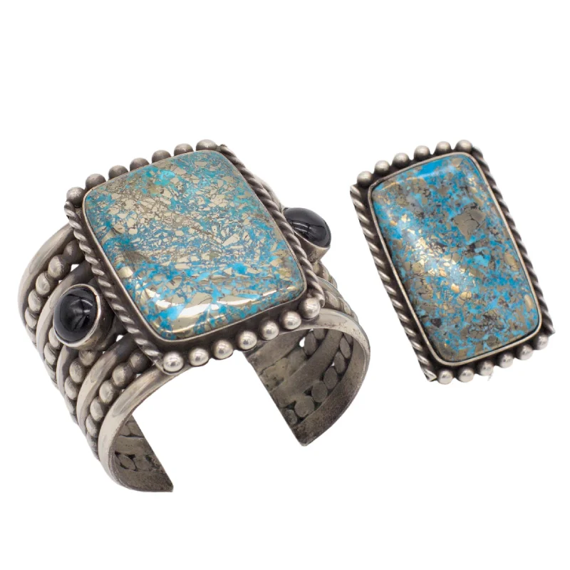 women's bracelets with cuff style -Mike Bird Romero Vintage Sterling Silver Pewter Turquoise Cuff Bracelet and Ring Set