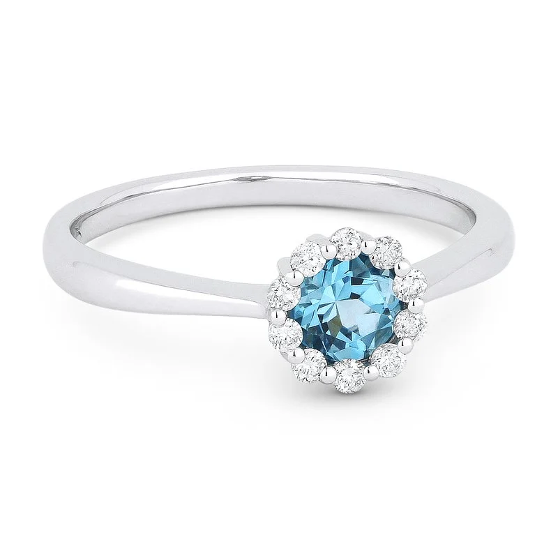 women's engagement rings with small diamond -14K White Gold Round Blue Topaz & Diamond Halo Ring R1073BTW