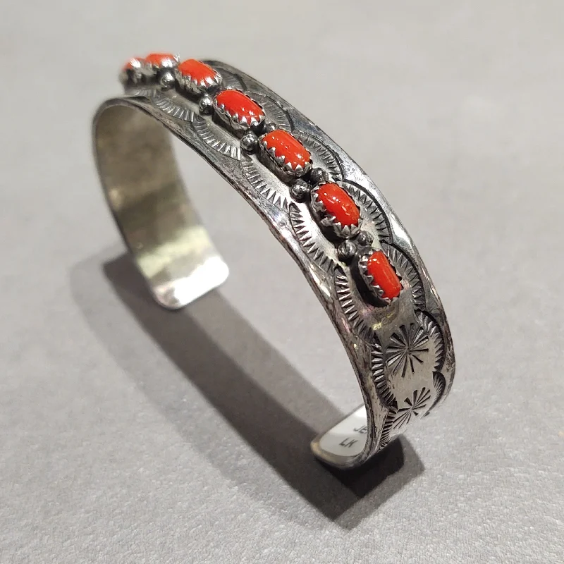 women's bracelets with engraved band -Jerry Bahe Navajo Sterling Silver Coral Bracelet - Handmade Native American