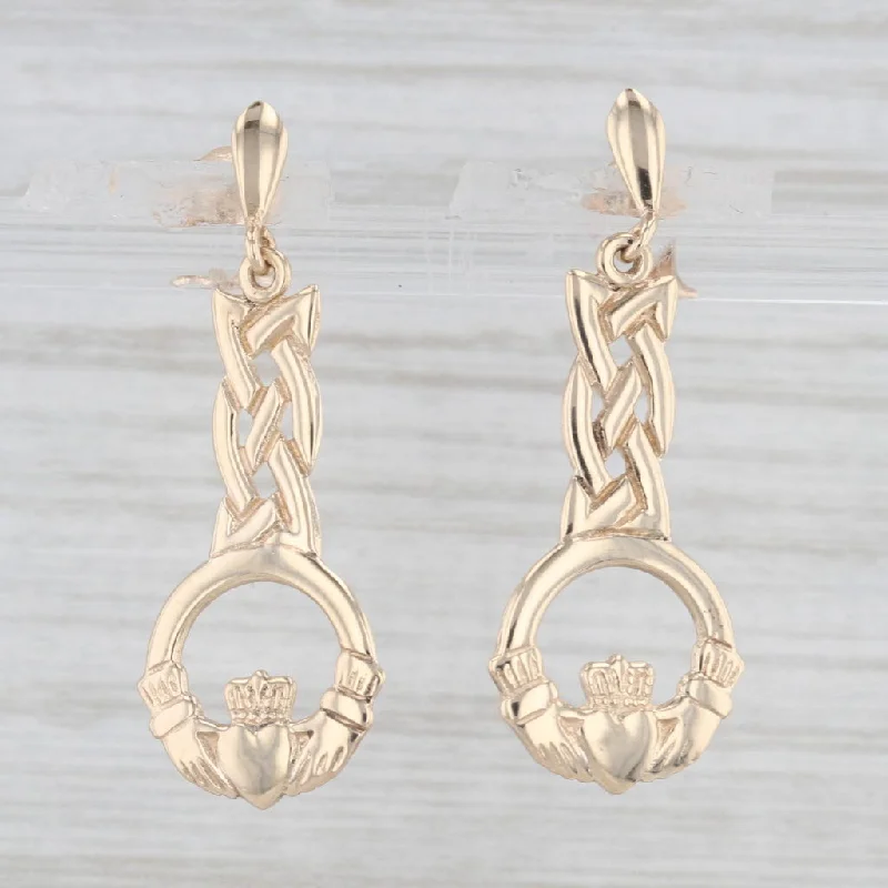 women's earrings with nature-inspired design -Irish Claddagh Celtic Knot Dangle Earrings 9k Yellow Gold Drops