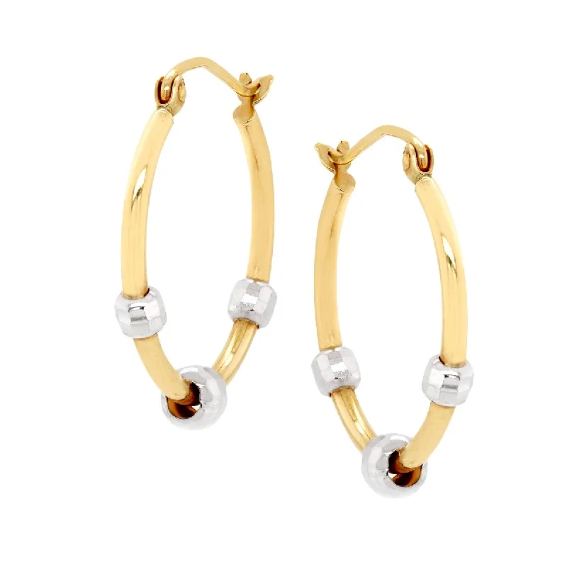 women's earrings with ruby -YELLOW GOLD HOOP EARRINGS WITH WHITE GOLD BEADS