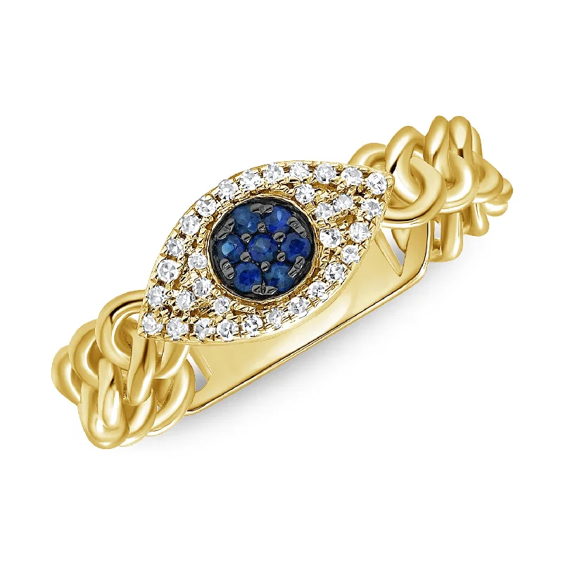 women's engagement rings with dual stone setting -Elegant Evil Eye Chain Ring with Sapphires & Diamonds