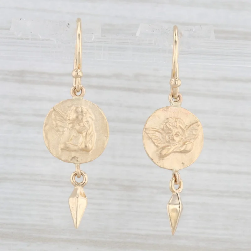 women's earrings with teardrop design -Cherub Coin Dangle Earrings 14k Yellow Gold Hook Posts