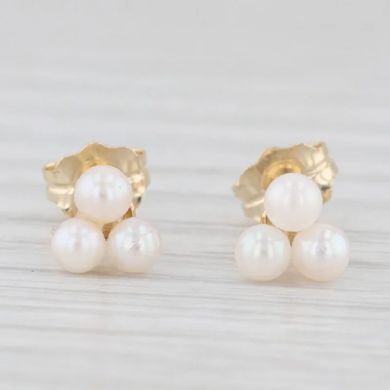 women's earrings with minimalistic look -3-Stone Cluster Cultured Pearl Stud Earrings 10k Yellow Gold