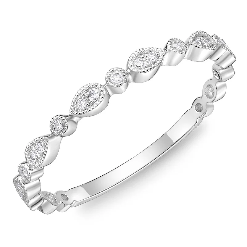 women's engagement rings with layered design -Memoire 18k White Gold Vintage Pear Illusion and Round Stackable Diamond Band