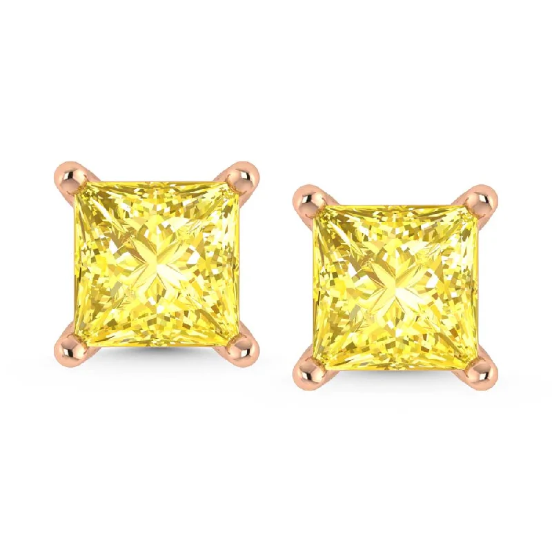 women's earrings with floral motifs -IGI Certified 14K Rose Gold Lab Grown Yellow Diamond 3 Ct.Tw. Princess Stud Earrings