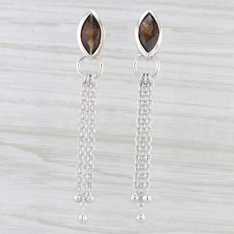 women's earrings gold -4.26ctw Smokey Quartz Chain Fringe Dangle Earrings Sterling Silver Drops