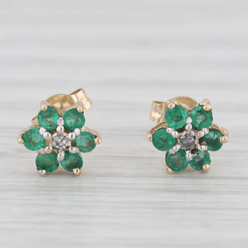 women's earrings with minimalistic look -0.20ctw Emerald Flower Stud Earrings 14k Yellow Gold Diamond Accents