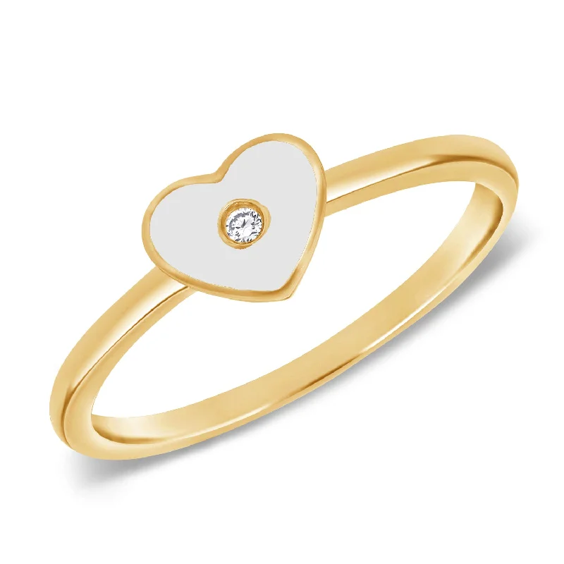 women's engagement rings platinum -White Enamel & Brilliant Round Diamond Heart Shaped Ring in 14kt Yellow Gold