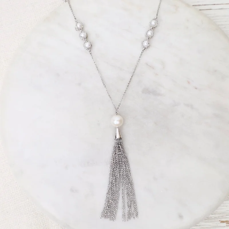 women's necklaces with teardrop pendant -Captured Pearl Stations with Tassel Necklace