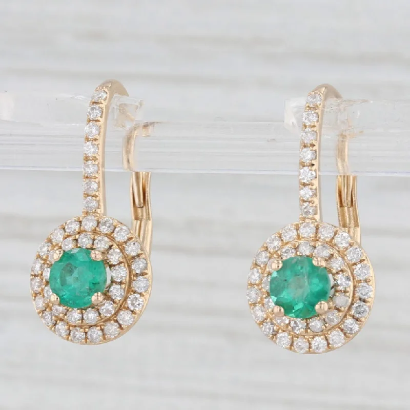 women's earrings with diamond accents -1.32ctw Emerald Diamond Halo Drop Earrings 14k Yellow Gold Lever Backs