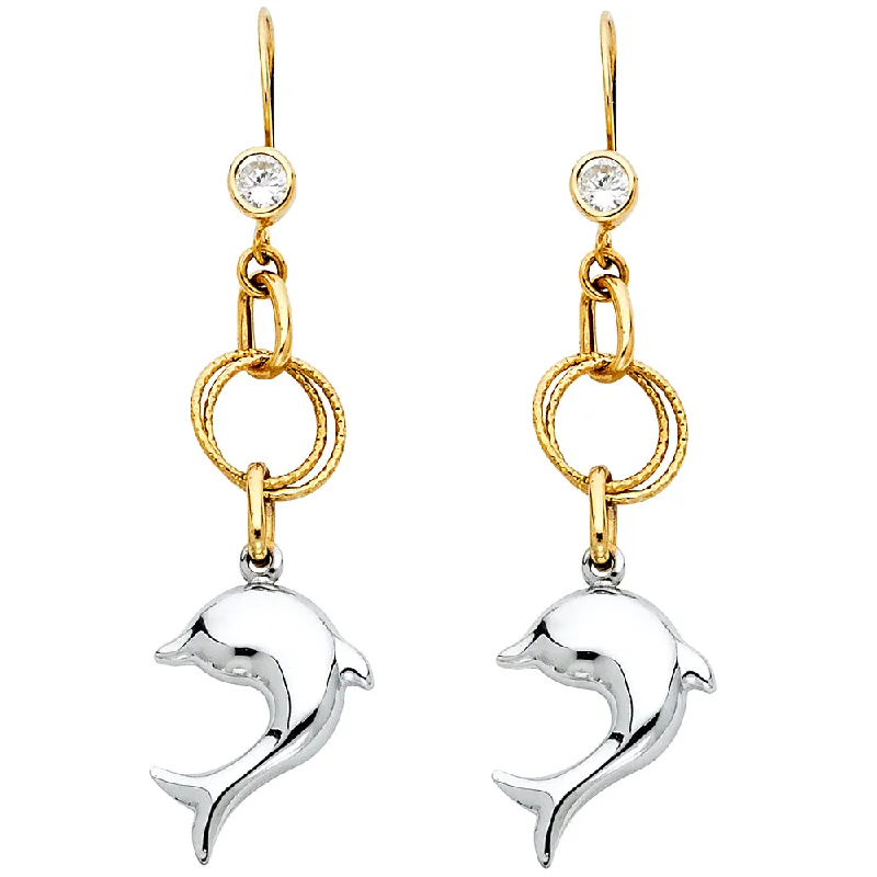 women's earrings with halo design -14K 2T Hollow Hanging Dolphin Earrings