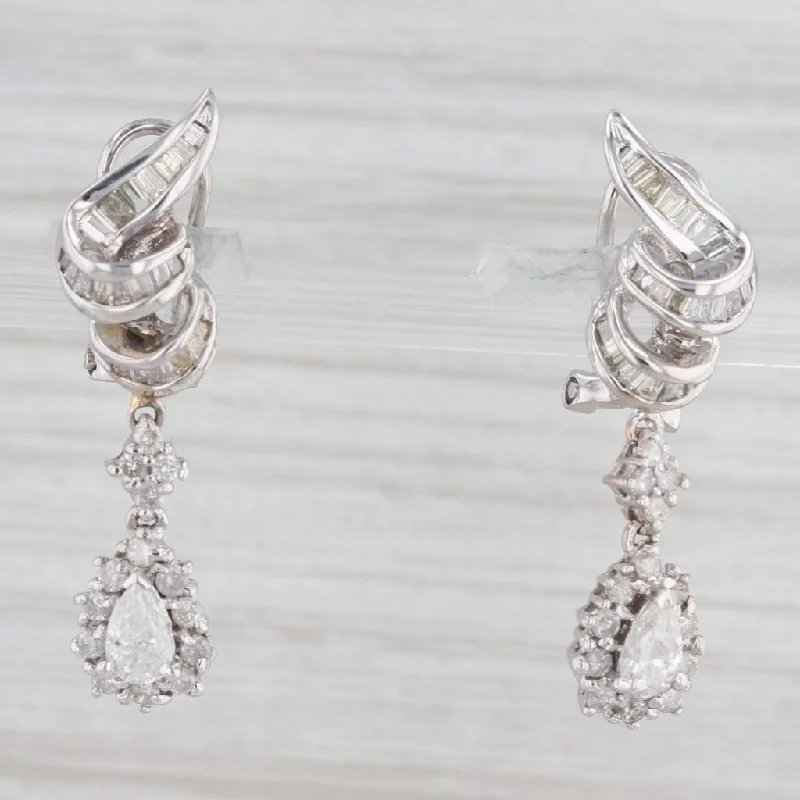 women's earrings with floral motifs -1.63ctw Diamond Teardrop Halo Earrings 18k White Gold Pierced Omega Backs