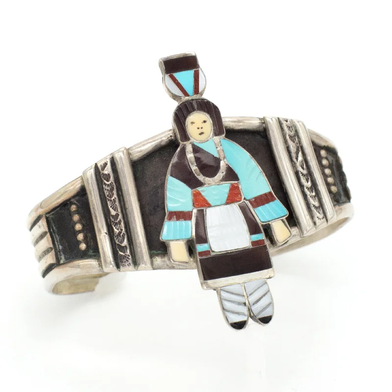 women's bracelets with charm collection -Madeline Beyuka Zuni Handmade Olla Maiden Sterling Silver Inlay Cuff Bracelet