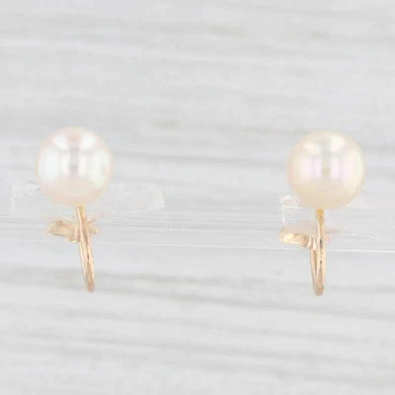 women's earrings with round stones -Cultured Pearl Earrings 14k Yellow Gold Screw Back Non Pierced Studs