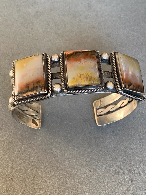 women's bracelets with hammered finish -Petrified Wood Bracelet/Fred Harvey Era sterling