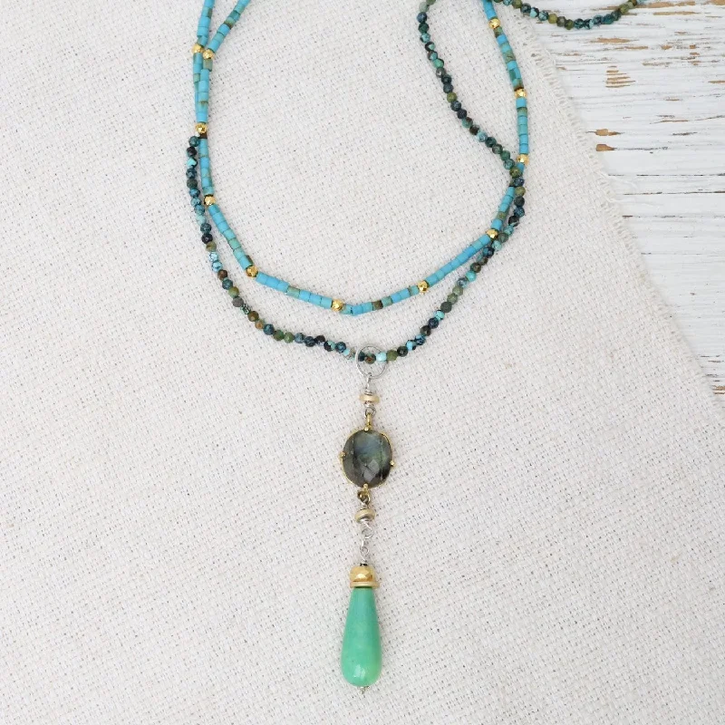 women's necklaces with crystal pendant -Labradorite and Chalcedony Pendant on Long Turquoise Necklace