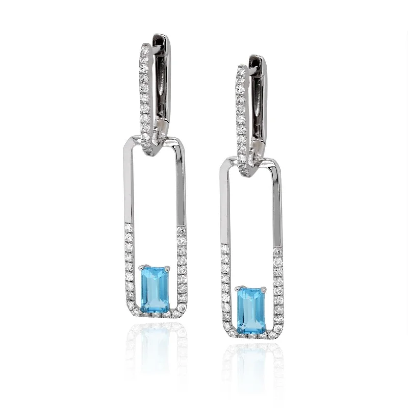 women's earrings with colored stones -MODERN WHITE GOLD DANGLE EARRINGS WITH EMERALD CUT BLUE TOPAZ AND DIAMONDS, .37 CT TW