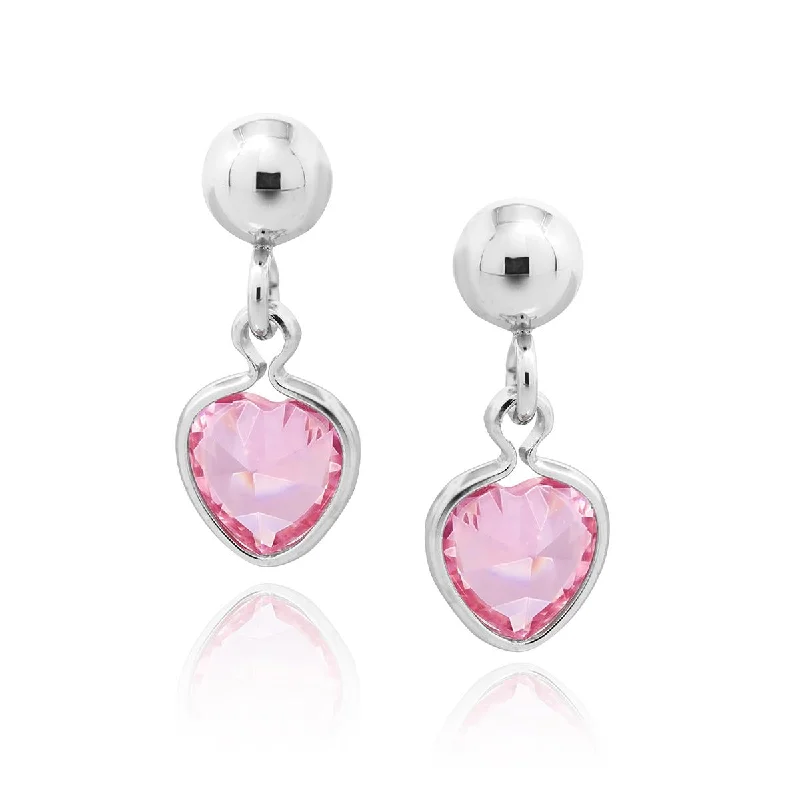 women's earrings with simple elegance -STERLING SILVER CHILDREN'S HEART DANGLE EARRINGS WITH PINK CUBIC ZIRCONIA