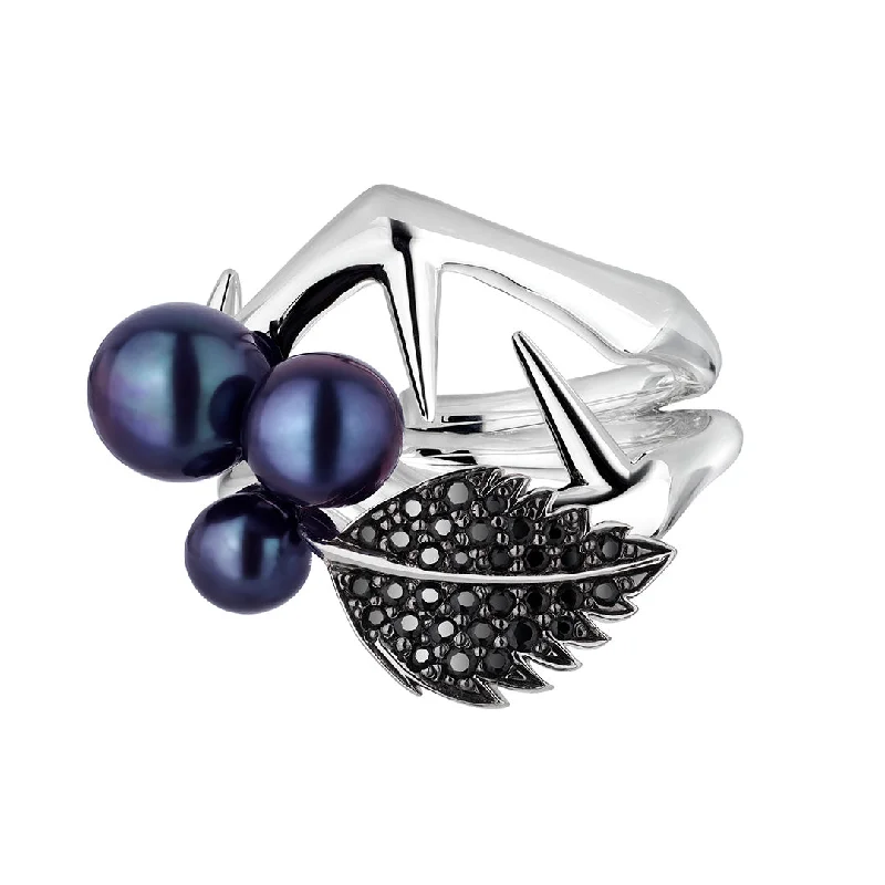 women's rings with adjustable size -Blackthorn Pearl Leaf Ring - Silver, Black Spinel & Black Pearl