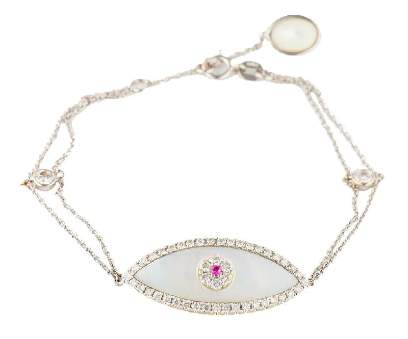 women's bracelets with fine gold finish -1.00ctw Diamond Mother of Pearl and Ruby Evil Eye Bracelet in 14K