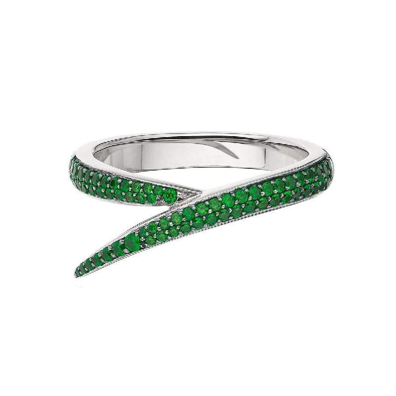 women's rings with thick band -Interlocking Single Ring - 18ct White Gold & Green Tsavorite