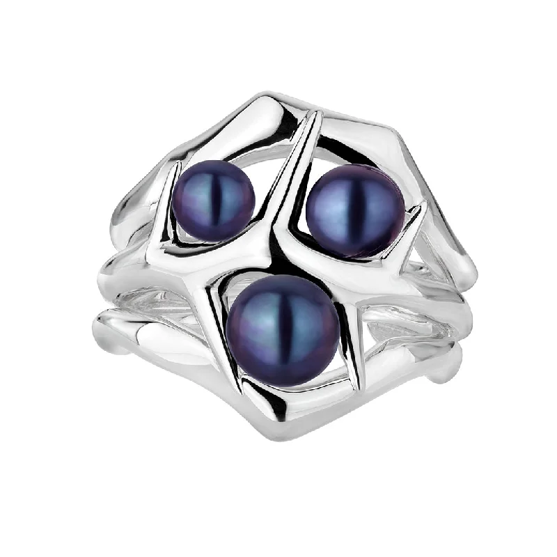 women's rings with sparkly design -Blackthorn Triple Ring - Silver & Black Pearl