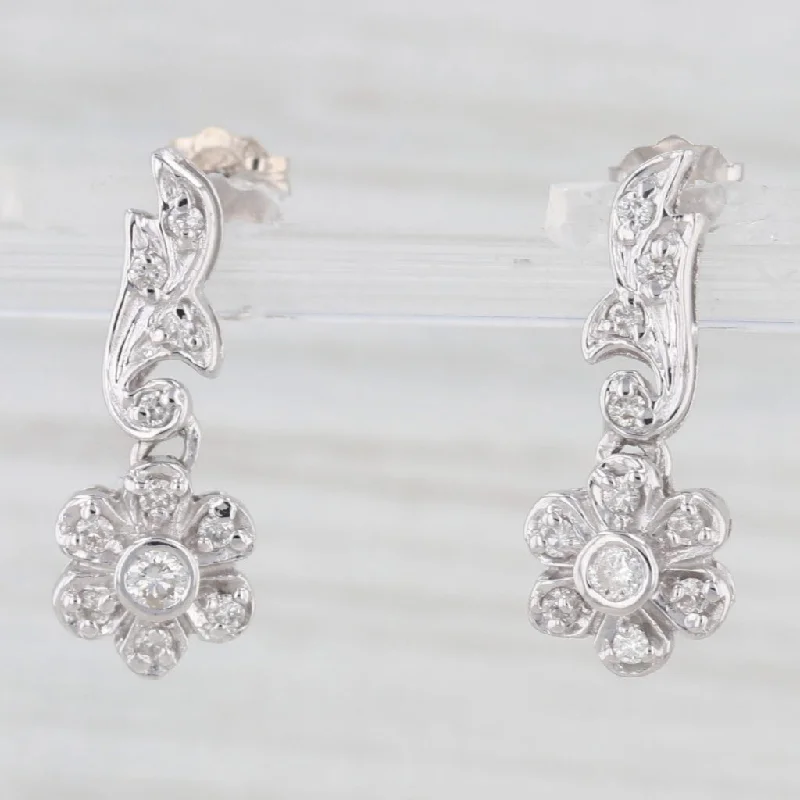 women's earrings with teardrop gemstones -0.30ctw Diamond Flower Dangle Earrings 14k White Gold Pierced Drops