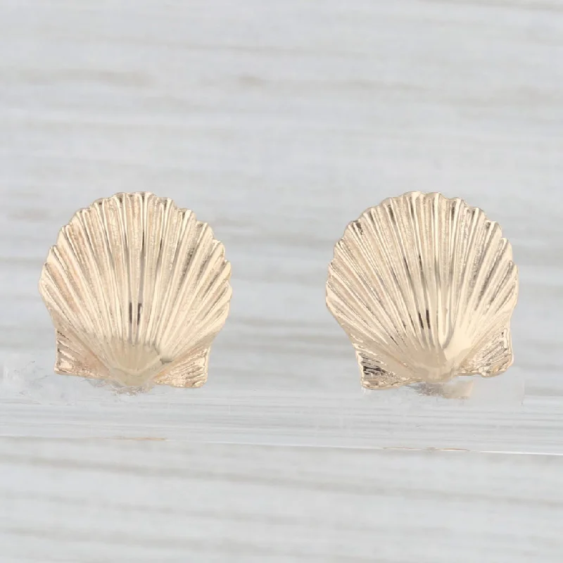 women's earrings with diamond pave -Seashell Stud Earrings 14k Yellow Gold Nautical Jewelry