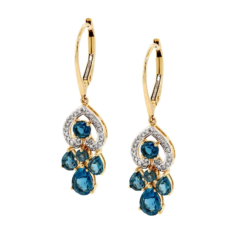 women's earrings with classic pearl studs -YELLOW GOLD DANGLE EARRINGS WITH BLUE TOPAZ AND DIAMONDS, .13 CT TW