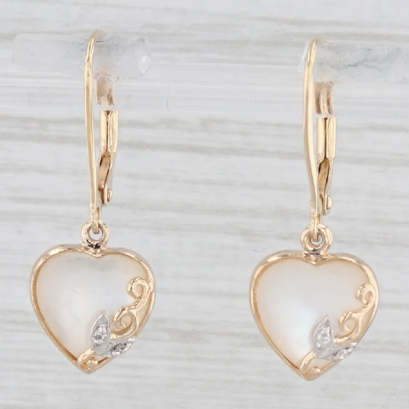 women's earrings with twisted metal -Mother of Pearl Heart Dangle Earrings 14k Yellow Gold Diamonds Lever Backs