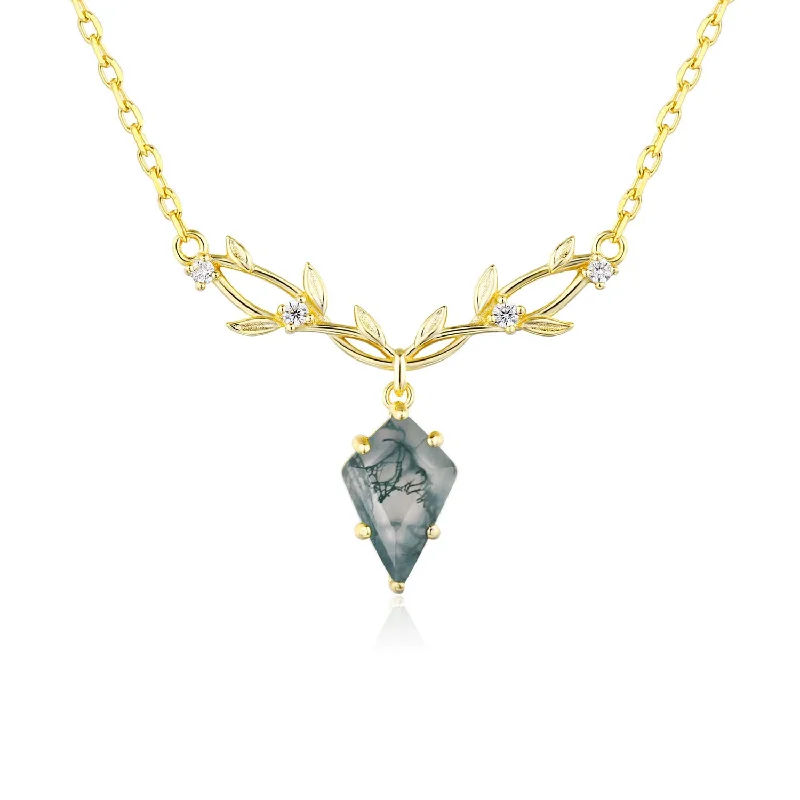 women's necklaces with teardrop pendant -Elven Entwine Moss Agate Necklace (Yellow Gold)