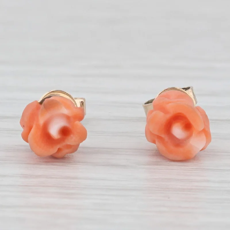 women's earrings silver -Carved Coral Rose Stud Earrings 14k Yellow Gold