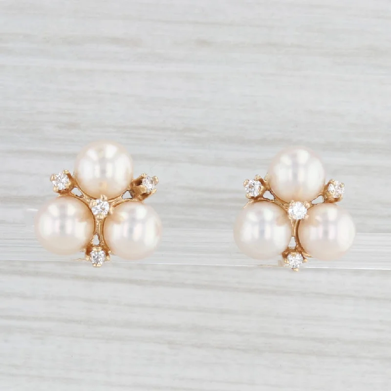 women's earrings with geometric shapes -Cultured Pearl Cubic Zirconia Cluster Stud Earrings 14k Yellow Gold