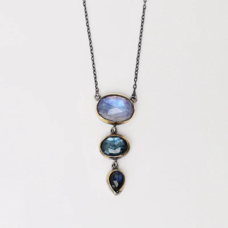 women's necklaces with trendy pendant -Moonstone, Teal Kyanite & Labradorite Crescent Rim Triple Drop Necklace