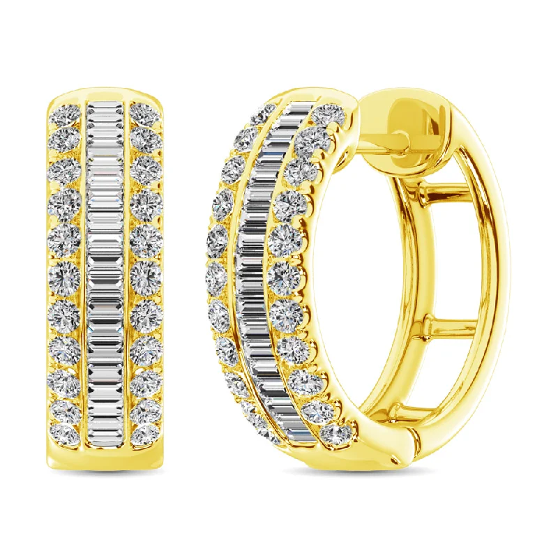 women's earrings with cubic zirconia stones -14K Yellow Gold Round and Baguette Diamond 1/2 Ct.Tw. Hoop Earrings