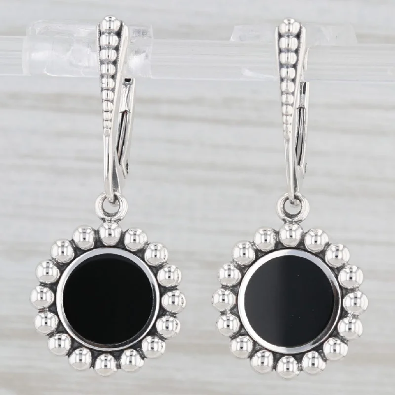 women's earrings with clear crystals -New Lagos Maya Small Onyx Circle Drop Earrings Sterling Silver Pouch Tags Cloth