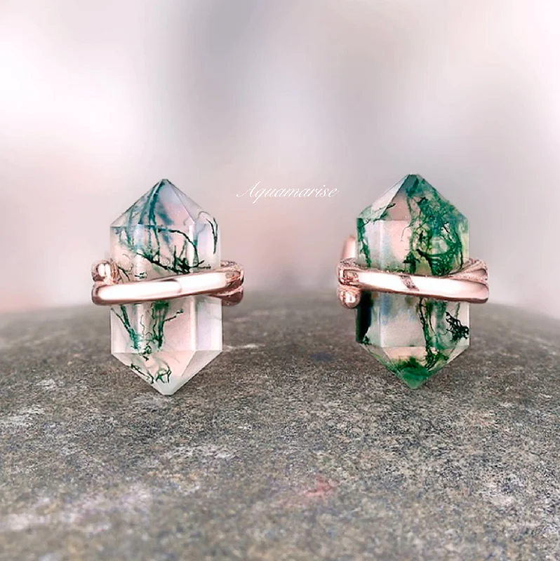 women's earrings with elegant drop -Raw Green Moss Agate Stud Earrings- 14K Rose Gold Vermeil