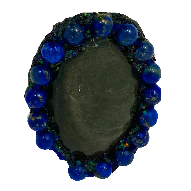 women's rings gold -BLACK STONE RING WITH BLUE BEADS