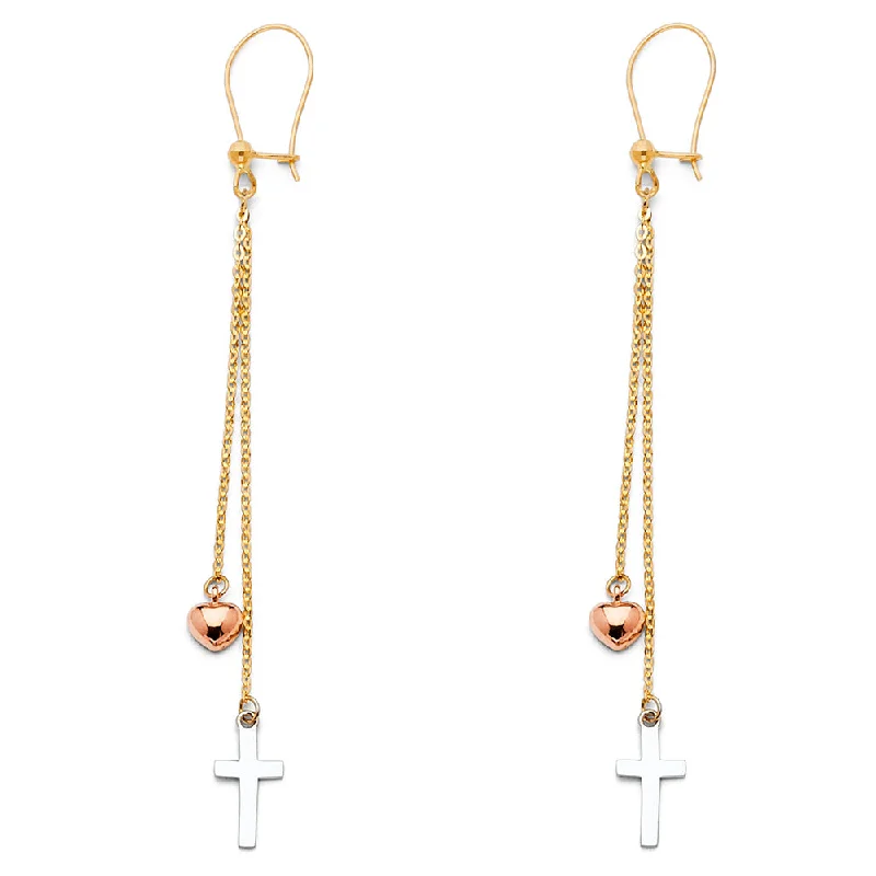 women's earrings with drop design -14K Cross Heart Hanging Earrings