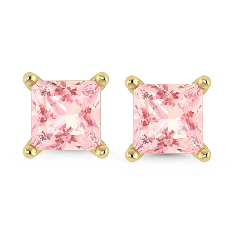 women's earrings with diamond accents -14K Yellow Gold Lab Grown Pink Diamond 1 Ct.Tw. Princess Stud Earrings