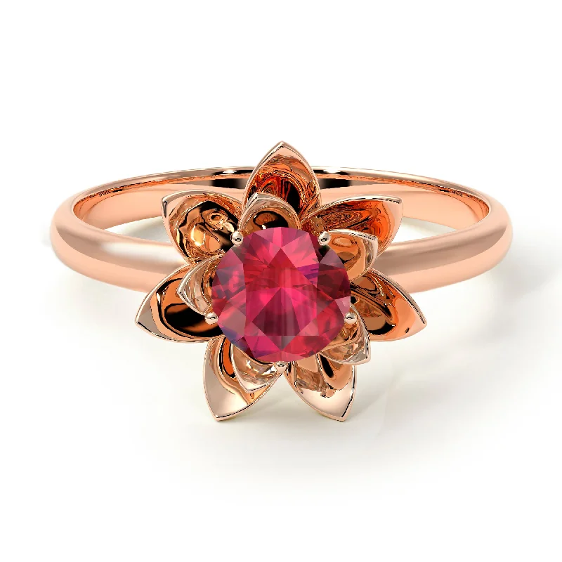 women's engagement rings with layered design -Lotus Flower Solitaire Ruby Ring - Lotus no. 11