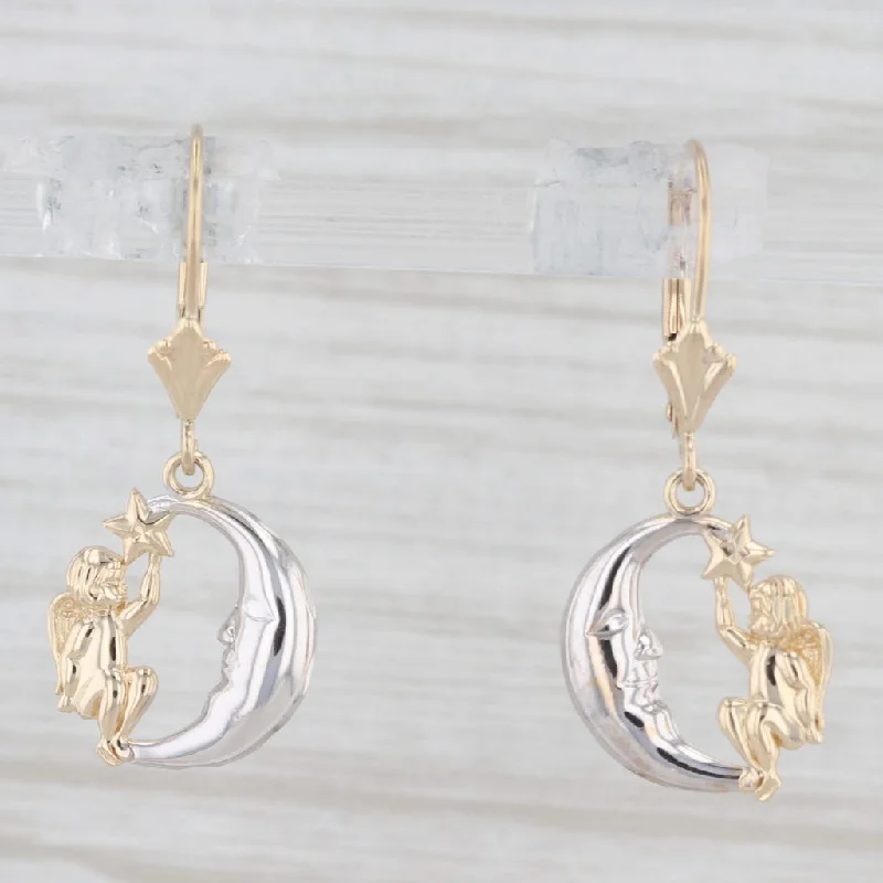 women's earrings with bezel-set stones -Cherub Moon Star Dangle Earrings 14k Yellow White Gold Guardian Angel Drops