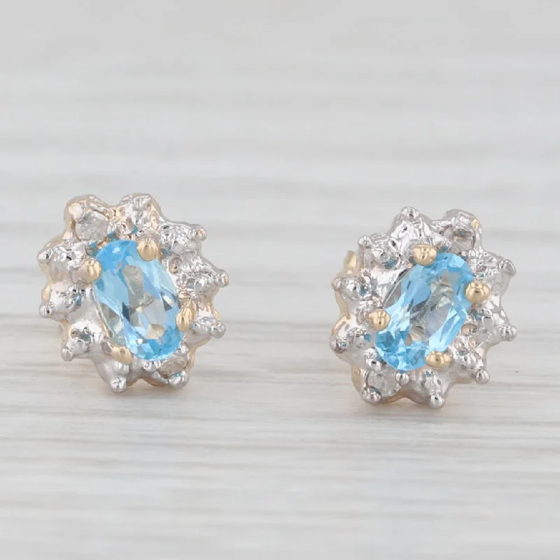 women's earrings with drop chains -0.60ctw Oval Blue Topaz Diamond Halo Stud Earrings 14k Yellow Gold