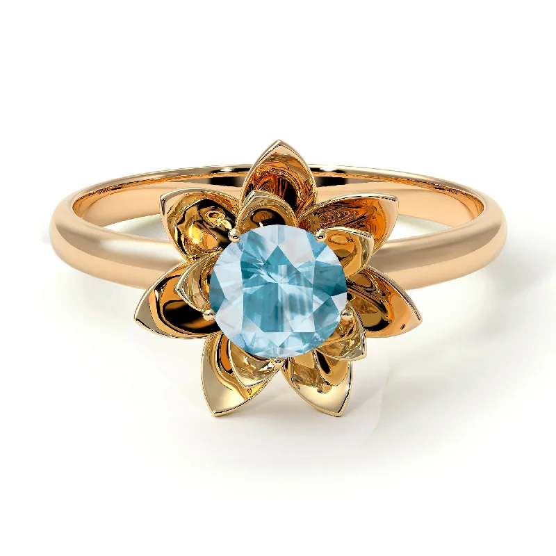 women's engagement rings with colored gemstones -Lotus Flower Solitaire Aquamarine Ring - Lotus no. 401