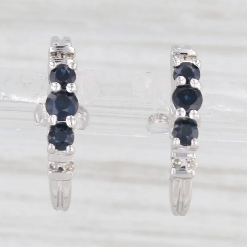 women's earrings with clear crystals -0.60ctw Blue Sapphire Diamond J-Hook Earrings 10k White Gold Half Hoop Drops